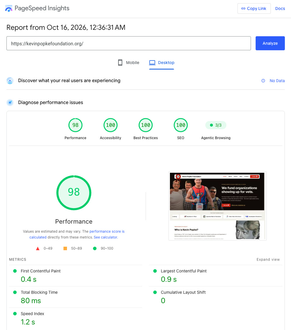 PageSpeed Insights desktop report for kevinpopkefoundation.org: Performance 98, Accessibility 100, Best Practices 100, SEO 100